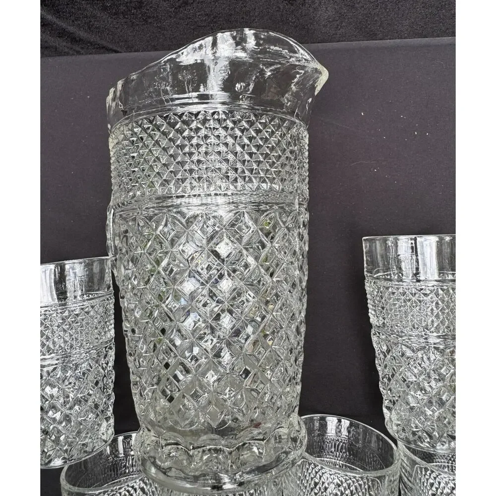 Anchor Hocking Wexford Diamond Cut Glass Vintage Pitcher & 6 Glasses EUC -8/28